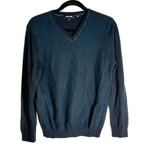 Jared Lang Mens Merino Wool Blend V-Neck Textured Knit Sweater Navy Blue Large